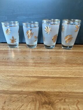 Vintage Libbey Frosted Glass Tumblers with Gold Leaf Motif